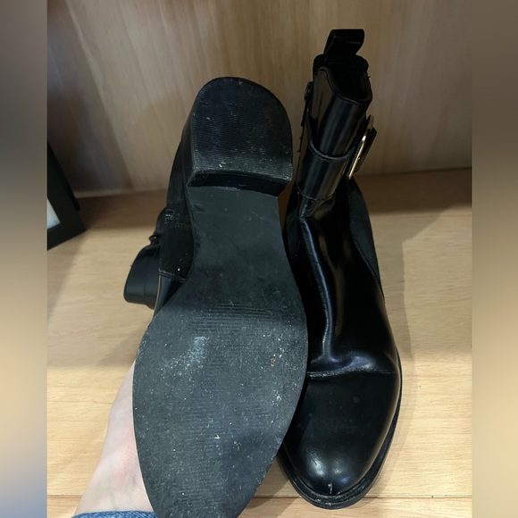 H&M Black Leather/Suede Ankle Boots Block Heel with Gold Accent Buckle - Picture 8 of 9